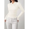 image:imagePRETTYGARDEN Womens Long Sleeve Shirts 2026 Fall V Neck Cross Wrap Going Out Top Ribbed Ruched Fitted Business Casual ClothesWhite