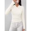 image:imagePRETTYGARDEN Womens Long Sleeve Shirts 2026 Fall V Neck Cross Wrap Going Out Top Ribbed Ruched Fitted Business Casual ClothesWhite