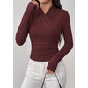 image:imagePRETTYGARDEN Womens Long Sleeve Shirts 2026 Fall V Neck Cross Wrap Going Out Top Ribbed Ruched Fitted Business Casual ClothesWine Red