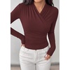 image:imagePRETTYGARDEN Womens Long Sleeve Shirts 2026 Fall V Neck Cross Wrap Going Out Top Ribbed Ruched Fitted Business Casual ClothesWine Red