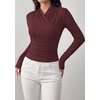 image:imagePRETTYGARDEN Womens Long Sleeve Shirts 2026 Fall V Neck Cross Wrap Going Out Top Ribbed Ruched Fitted Business Casual ClothesWine Red