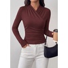 image:imagePRETTYGARDEN Womens Long Sleeve Shirts 2026 Fall V Neck Cross Wrap Going Out Top Ribbed Ruched Fitted Business Casual ClothesWine Red