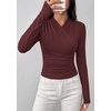 image:imagePRETTYGARDEN Womens Long Sleeve Shirts 2026 Fall V Neck Cross Wrap Going Out Top Ribbed Ruched Fitted Business Casual ClothesWine Red