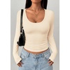 image:imagePRETTYGARDEN Womens Long Sleeve Tops 2026 Casual Scoop Neck Basic Tees Slim Fitted Tshirts Layer Knit Fall OutfitsApricot