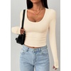 image:imagePRETTYGARDEN Womens Long Sleeve Tops 2026 Casual Scoop Neck Basic Tees Slim Fitted Tshirts Layer Knit Fall OutfitsApricot