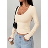 image:imagePRETTYGARDEN Womens Long Sleeve Tops 2026 Casual Scoop Neck Basic Tees Slim Fitted Tshirts Layer Knit Fall OutfitsApricot