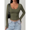 image:imagePRETTYGARDEN Womens Long Sleeve Tops 2026 Casual Scoop Neck Basic Tees Slim Fitted Tshirts Layer Knit Fall OutfitsArmy Green