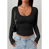 image:imagePRETTYGARDEN Womens Long Sleeve Tops 2026 Casual Scoop Neck Basic Tees Slim Fitted Tshirts Layer Knit Fall OutfitsBlack
