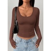 image:imagePRETTYGARDEN Womens Long Sleeve Tops 2026 Casual Scoop Neck Basic Tees Slim Fitted Tshirts Layer Knit Fall OutfitsBrown