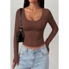 image:imagePRETTYGARDEN Womens Long Sleeve Tops 2026 Casual Scoop Neck Basic Tees Slim Fitted Tshirts Layer Knit Fall OutfitsBrown