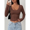 image:imagePRETTYGARDEN Womens Long Sleeve Tops 2026 Casual Scoop Neck Basic Tees Slim Fitted Tshirts Layer Knit Fall OutfitsBrown