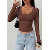 image:imagePRETTYGARDEN Womens Long Sleeve Tops 2026 Casual Scoop Neck Basic Tees Slim Fitted Tshirts Layer Knit Fall OutfitsBrown