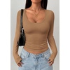 image:imagePRETTYGARDEN Womens Long Sleeve Tops 2026 Casual Scoop Neck Basic Tees Slim Fitted Tshirts Layer Knit Fall OutfitsKhaki