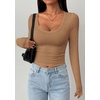 image:imagePRETTYGARDEN Womens Long Sleeve Tops 2026 Casual Scoop Neck Basic Tees Slim Fitted Tshirts Layer Knit Fall OutfitsKhaki