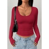 image:imagePRETTYGARDEN Womens Long Sleeve Tops 2026 Casual Scoop Neck Basic Tees Slim Fitted Tshirts Layer Knit Fall OutfitsWine Red