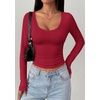 image:imagePRETTYGARDEN Womens Long Sleeve Tops 2026 Casual Scoop Neck Basic Tees Slim Fitted Tshirts Layer Knit Fall OutfitsWine Red