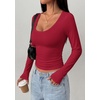 image:imagePRETTYGARDEN Womens Long Sleeve Tops 2026 Casual Scoop Neck Basic Tees Slim Fitted Tshirts Layer Knit Fall OutfitsWine Red