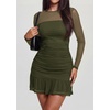 image:imagePRETTYGARDEN Womens Mesh Sheer Long Sleeve Ruched Bodycon Mini Dress 2026 Fall Cocktail Party Short Dresses with Ruffle HemArmy Green