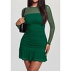 image:imagePRETTYGARDEN Womens Mesh Sheer Long Sleeve Ruched Bodycon Mini Dress 2026 Fall Cocktail Party Short Dresses with Ruffle HemDark Green