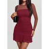 image:imagePRETTYGARDEN Womens Mesh Sheer Long Sleeve Ruched Bodycon Mini Dress 2026 Fall Cocktail Party Short Dresses with Ruffle HemWine Red