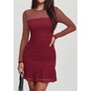 image:imagePRETTYGARDEN Womens Mesh Sheer Long Sleeve Ruched Bodycon Mini Dress 2026 Fall Cocktail Party Short Dresses with Ruffle HemWine Red