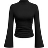 image:imagePRETTYGARDEN Womens Long Bell Sleeve Mock Neck Ribbed Tops  Ribbed Flare Bell Sleeve Top Flattering Ruched Waist Y2K Clothes Dressy Casual Shirts Fall Winter Work Going Out OutfitsBlack