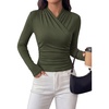 image:imagePRETTYGARDEN Womens Long Sleeve Shirts 2026 Fall V Neck Cross Wrap Going Out Top Ribbed Ruched Fitted Business Casual ClothesArmy Green