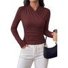 image:imagePRETTYGARDEN Womens Long Sleeve Shirts 2026 Fall V Neck Cross Wrap Going Out Top Ribbed Ruched Fitted Business Casual ClothesWine Red