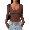 image:imagePRETTYGARDEN Womens Long Sleeve Tops 2026 Casual Scoop Neck Basic Tees Slim Fitted Tshirts Layer Knit Fall OutfitsBrown