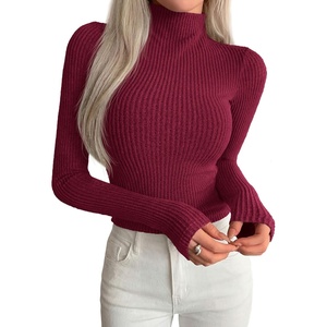 image:imagePRETTYGARDEN Long Sleeve Shirts for Women Fall Fashion 2026 Mock Neck Fitted Ribbed Sweater Tops Casual Basic Winter ClothingBurgundy