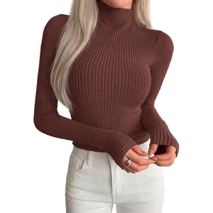 image:imagePRETTYGARDEN Long Sleeve Shirts for Women Fall Fashion 2026 Mock Neck Fitted Ribbed Sweater Tops Casual Basic Winter ClothingCoffee