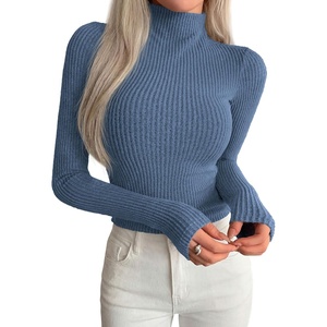 image:imagePRETTYGARDEN Long Sleeve Shirts for Women Fall Fashion 2026 Mock Neck Fitted Ribbed Sweater Tops Casual Basic Winter ClothingDusty Blue