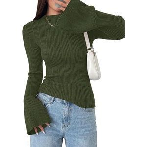 image:imagePRETTYGARDEN Sweaters for Women Lightweight Mock Neck Bell Long Sleeve Fitted Tops Ribbed Pullover 2026 Fall Fashion ClothingArmy Green