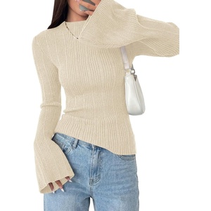 image:imagePRETTYGARDEN Sweaters for Women Lightweight Mock Neck Bell Long Sleeve Fitted Tops Ribbed Pullover 2026 Fall Fashion ClothingBeige