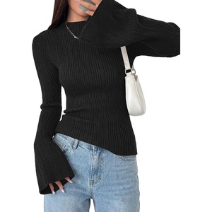 image:imagePRETTYGARDEN Sweaters for Women Lightweight Mock Neck Bell Long Sleeve Fitted Tops Ribbed Pullover 2026 Fall Fashion ClothingBlack