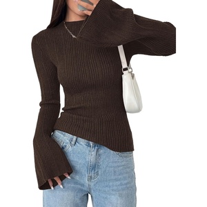 image:imagePRETTYGARDEN Sweaters for Women Lightweight Mock Neck Bell Long Sleeve Fitted Tops Ribbed Pullover 2026 Fall Fashion ClothingBrown