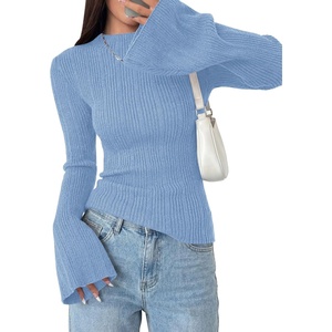 image:imagePRETTYGARDEN Sweaters for Women Lightweight Mock Neck Bell Long Sleeve Fitted Tops Ribbed Pullover 2026 Fall Fashion ClothingLight Blue