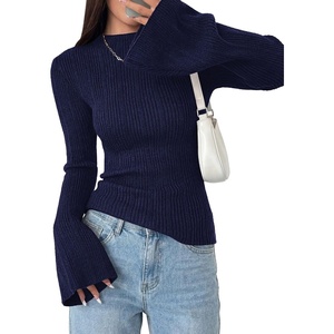 image:imagePRETTYGARDEN Sweaters for Women Lightweight Mock Neck Bell Long Sleeve Fitted Tops Ribbed Pullover 2026 Fall Fashion ClothingNavy Blue