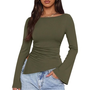 image:imagePRETTYGARDEN Womens Bell Long Sleeve Shirts 2026 Fall Boat Neck Ruched Asymmetrical Going Out Tops Ribbed Y2K ClothesArmy Green