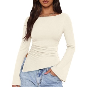 image:imagePRETTYGARDEN Womens Bell Long Sleeve Shirts 2026 Fall Boat Neck Ruched Asymmetrical Going Out Tops Ribbed Y2K ClothesBeige