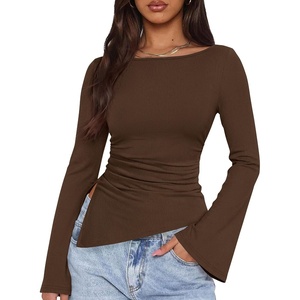 image:imagePRETTYGARDEN Womens Bell Long Sleeve Shirts 2026 Fall Boat Neck Ruched Asymmetrical Going Out Tops Ribbed Y2K ClothesBrown