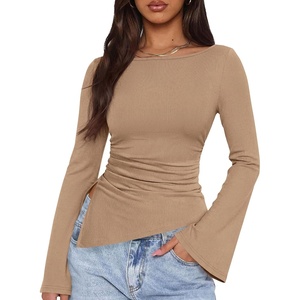 image:imagePRETTYGARDEN Womens Bell Long Sleeve Shirts 2026 Fall Boat Neck Ruched Asymmetrical Going Out Tops Ribbed Y2K ClothesKhaki