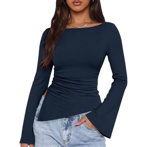 image:imagePRETTYGARDEN Womens Bell Long Sleeve Shirts 2026 Fall Boat Neck Ruched Asymmetrical Going Out Tops Ribbed Y2K ClothesNavy