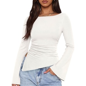 image:imagePRETTYGARDEN Womens Bell Long Sleeve Shirts 2026 Fall Boat Neck Ruched Asymmetrical Going Out Tops Ribbed Y2K ClothesWhite