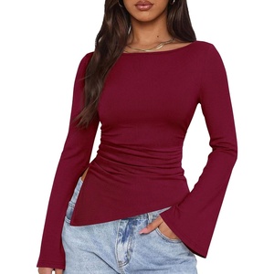 image:imagePRETTYGARDEN Womens Bell Long Sleeve Shirts 2026 Fall Boat Neck Ruched Asymmetrical Going Out Tops Ribbed Y2K ClothesWine Red