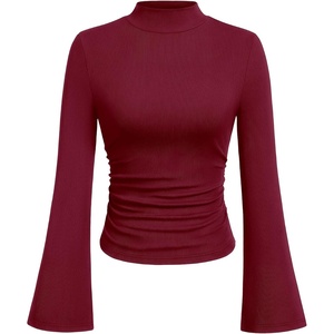 image:imagePRETTYGARDEN Womens Long Bell Sleeve Mock Neck Ribbed Tops  Ribbed Flare Bell Sleeve Top Flattering Ruched Waist Y2K Clothes Dressy Casual Shirts Fall Winter Work Going Out OutfitsWine Red