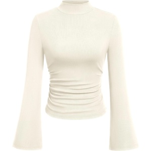 image:imagePRETTYGARDEN Womens Long Bell Sleeve Mock Neck Ribbed Tops  Ribbed Flare Bell Sleeve Top Flattering Ruched Waist Y2K Clothes Dressy Casual Shirts Fall Winter Work Going Out OutfitsBeige
