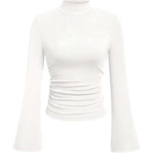 image:imagePRETTYGARDEN Womens Long Bell Sleeve Mock Neck Ribbed Tops  Ribbed Flare Bell Sleeve Top Flattering Ruched Waist Y2K Clothes Dressy Casual Shirts Fall Winter Work Going Out OutfitsWhite