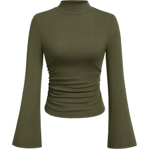 image:imagePRETTYGARDEN Womens Long Bell Sleeve Mock Neck Ribbed Tops  Ribbed Flare Bell Sleeve Top Flattering Ruched Waist Y2K Clothes Dressy Casual Shirts Fall Winter Work Going Out OutfitsArmy Green