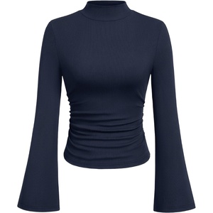 image:imagePRETTYGARDEN Womens Long Bell Sleeve Mock Neck Ribbed Tops  Ribbed Flare Bell Sleeve Top Flattering Ruched Waist Y2K Clothes Dressy Casual Shirts Fall Winter Work Going Out OutfitsNavy